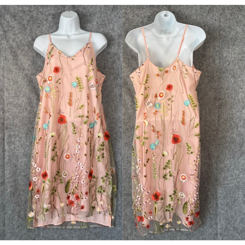 Beige ECI Fairy Sheer Slip Dress Size 12 Pink Butterfly Floral Embroidery Garden